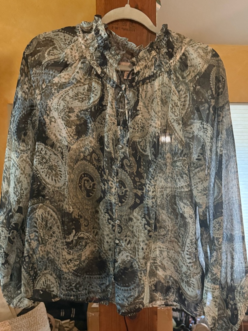 Philosophy Ruched Ruffled Blouse in Sage and Navy